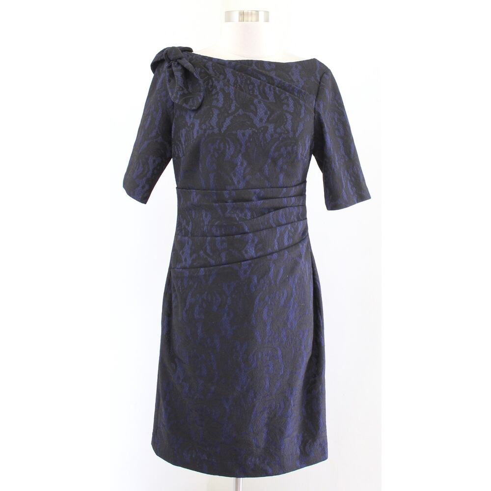 Kay Unger Navy Blue Black Lace Bow Accent Ruched Sheath Dress Size 8 Cocktail